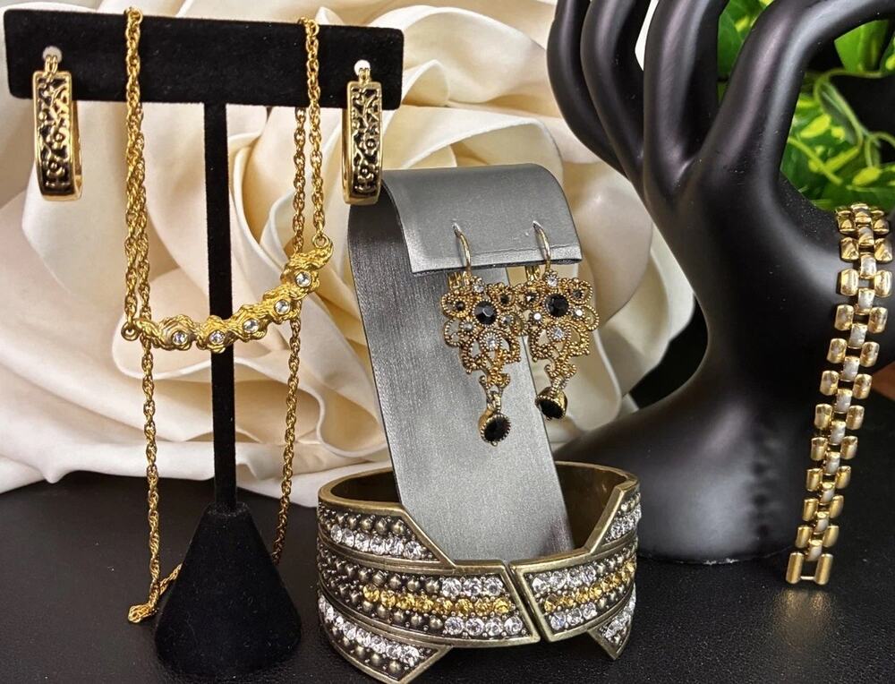 Mixed Rhinestone Jewelry Lot Gold Tone Ring Earrings Necklace Bracelets Cuff